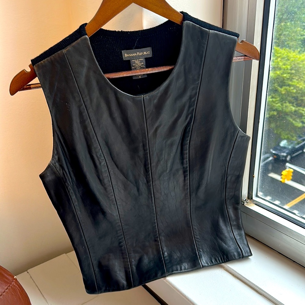 Vintage 90’s Banana Republic Leather & Wool Vest Pullover Sz 8 or M - GORGEOUS